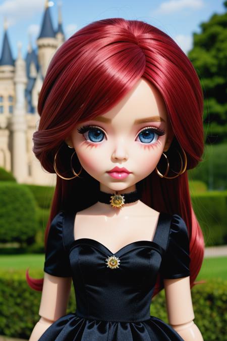 <lora:BratzV1:0.8>  BRATZ DOLL, DOL  with blue detailed eyes and big lips and red hair  , wearing black dress , full body  , blush plastic white skin , doll joints ,  castle background  ,(masterpiece, top quality, best quality, beautiful and aesthetic:1.2),