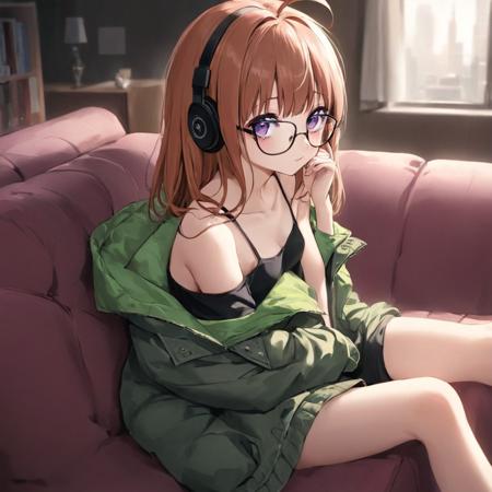 realistic, cinematic, (detailed), (highly detailed), a girl sitting on sofa, sakura_futaba, glasses, purple eyes, green jacket, ahoge, headphones, off shoulder, black tank <lora:futaba_xl-000004:1>