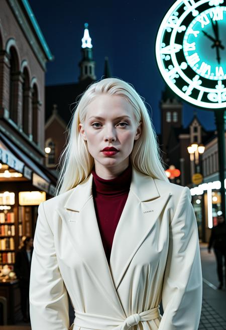 close up analogue photo of a beautiful 25 years (((albino woman:1.5))) with white hair (((pale skin:1.5))), white hair, <lora:Lumiya_SDXL:0.6>, A woman in a wine-red wrap dress and oversized black coat stands in front of a late-night bookstore with glowing windows and an old clock tower rising behind, city wrapped in quiet and mist.