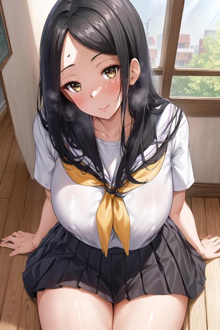 (day:1.7), in a room with a window,
sitting on the floor,
pleated skirt, school uniform, serafuku, short sleeves, skirt,
<lora:Nanakas_Paradise-KK77-V2:0.7>,
Black eyes, Black hair,bangs, Long_hair, yellow eyes,forehead,parted bangs,
1 girl, 20yo,mature female,Beautiful Finger,Beautiful long legs,Beautiful body,Beautiful Nose,Beautiful character design, perfect eyes, perfect face,
looking at viewer, in the center of the image,focus on face,
NSFW,official art,extremely detailed CG unity 8k wallpaper, perfect lighting,Colorful, Bright_Front_face_Lighting,
(masterpiece:1.0),(best_quality:1.0), ultra high res,4K,ultra-detailed,
photography, 8K, HDR, highres, absurdres:1.2, Kodak portra 400, film grain, blurry background, bokeh:1.2, lens flare, (vibrant_color:1.2)
(Beautiful,Large_Breasts:1.2), (beautiful_face:1.5),(narrow_waist),