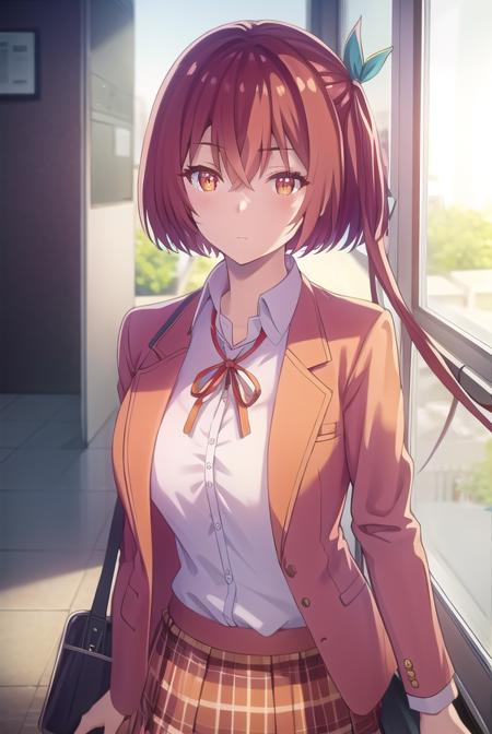 maonanjou, <lora:mao nanjou s1-lora-nochekaiser:1>,
mao nanjou, long hair, (orange eyes:1.3), red hair, side ponytail,
BREAK skirt, school uniform, jacket, plaid, plaid skirt, blazer,
BREAK indoors, classroom,
BREAK looking at viewer,
BREAK <lyco:GoodHands-beta2:1>, (masterpiece:1.2), best quality, high resolution, unity 8k wallpaper, (illustration:0.8), (beautiful detailed eyes:1.6), extremely detailed face, perfect lighting, extremely detailed CG, (perfect hands, perfect anatomy),