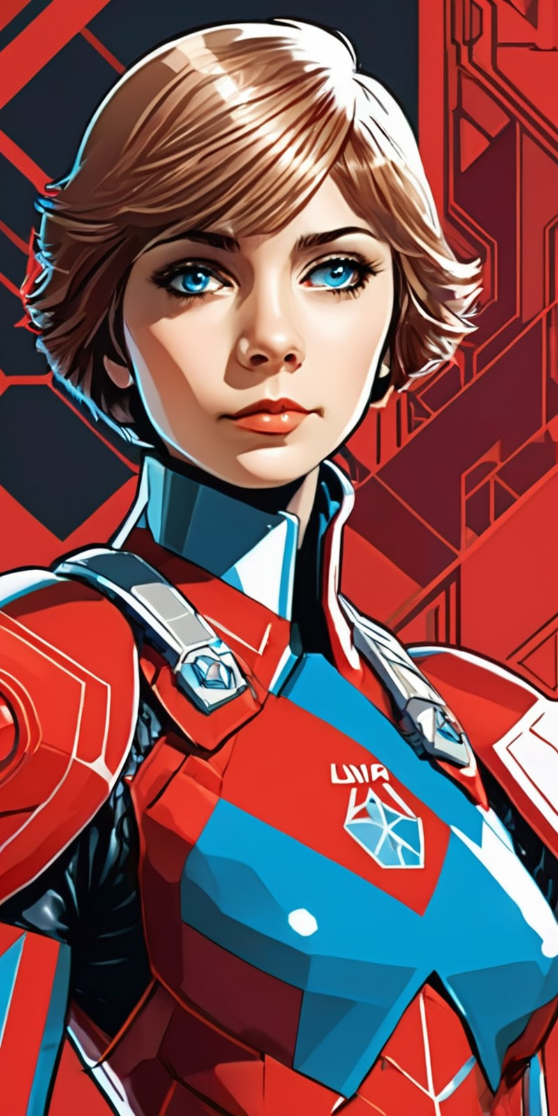 full body illustration of Alisa Selezneva short hair big blue eyes Female Soviet Superheroine in high tech red mecha armor