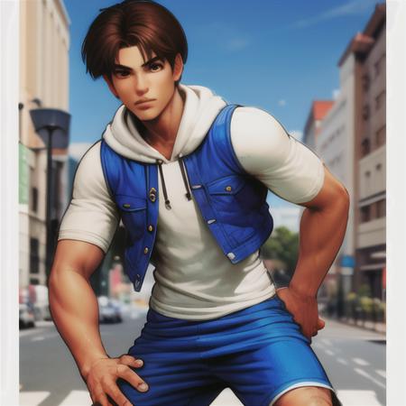 <lora:kensouKOF_1:1>  hands on waist , boy,  19y.o., blue jacket, white hoodie, blue shorts<hypernet:samdoesartsHypernetwork_v422500Steps:0.058>