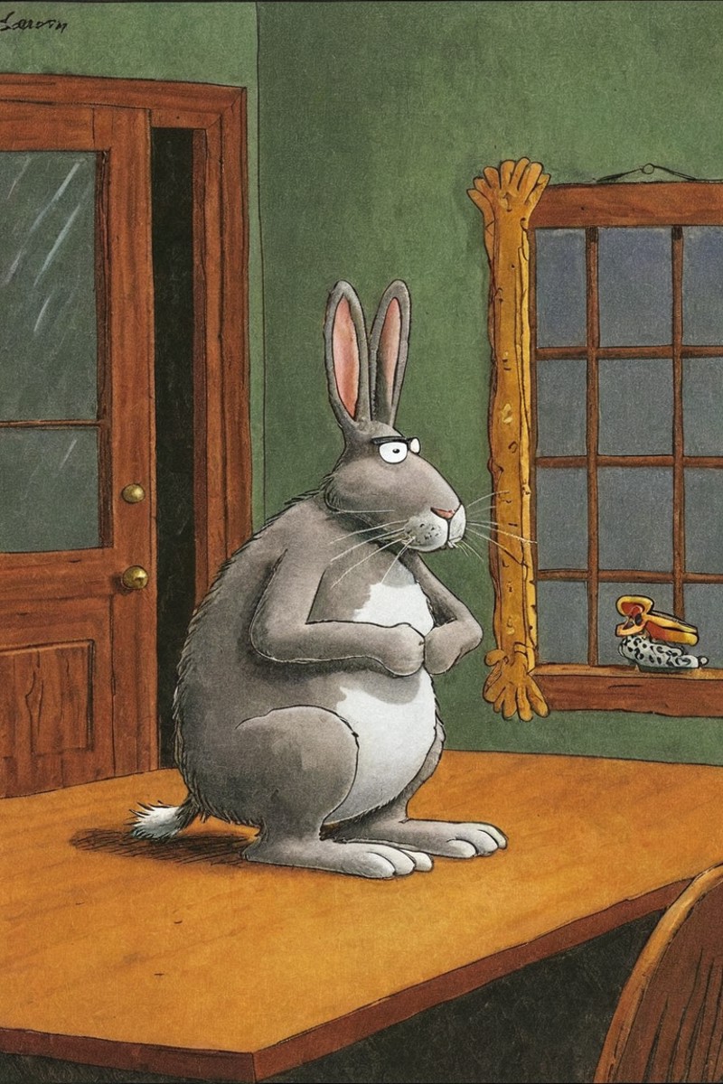 a color far side comic strip illustration of  a Hare by Gary Larson, <lora:Gary_Larson_Style_XL_Color_Far_side-000005:1>