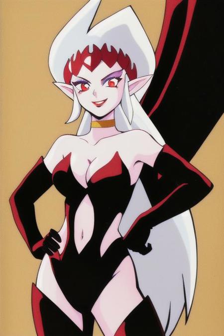 masterpiece, best quality, 1girl, solo, dark phoebe, long hair, breasts, smile, red eyes, gloves, navel, cleavage, medium breasts, white hair, wings, choker, pointy ears, black gloves, elbow gloves, hand on hip, clothing cutout, makeup, lipstick, navel cutout