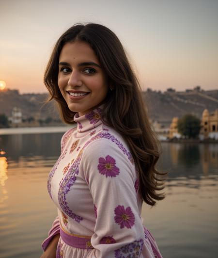 p3p3v2 , smile, nature, breast, Colorful flowers, Sunset, soft light, intricate, Udaipur Rajasthan lake, Turtleneck, dress without neckline, ((close portrait))