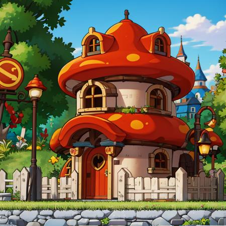 ((masterpiece,best quality)), absurdres,
<lora:Henesys_Maple_Story_Anime:0.7>, Henesys_Maple_Story,
outdoors, no humans, tree, grass, sky, house, scenery, mushroom, door, window, fence, chimney, sign, plant, building, nature,
cinematic composition,