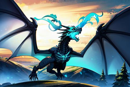 <lora:Dragons_NED-000018:0.7> <lora:voxMachinaStyleLora_season1:0.6> , textless, vox machina style, a dead black skeleton dragon with blue fire through his body flying away to the sky, grassy landscape with bushes and a mountain in the background with a snowy tip, sunny