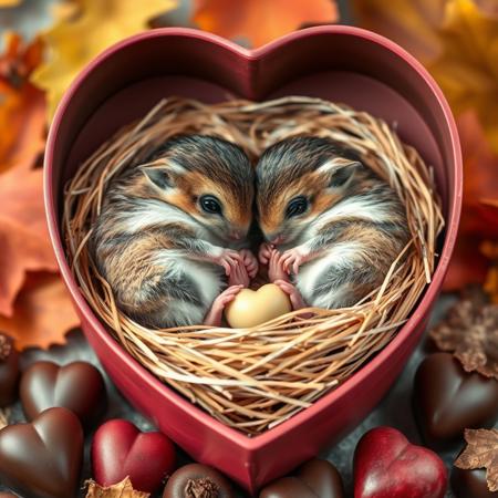 Pair of dormouse curled up in cosy straw and feather nest made inside a heart shaped chocolate box. Bocke background of autumn leaves and fruit and heart shaped chocolates. Very cute and warm feeling.