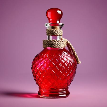 Hyper-realistic, detailed, intricate, flat texture, game item, red-colored magic potion in rude glass bottle, covered with rope, centered, side view, diffuse texture, simple colored background