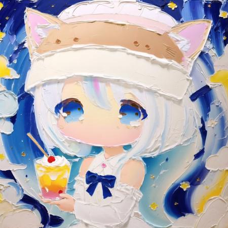 <lora:cute_oil:1>  chibi, cute oil , oil painting \(medium\), brush stroke, animal ears, blue eyes, blush, brown hair, cat ears, cat tail, chibi, dessert, dress, food, hat, japanese, kneehighs, non-web source, tail, white hair