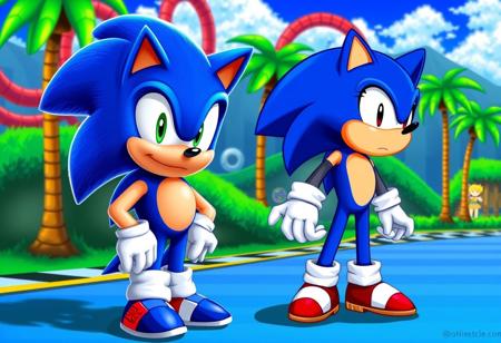 masterpiece, best quality, ultra-detailed, sharp focus), <lora:sonic_v1:0.8>, Sonic the Hedgehog (modern sonic, game render, detailed blue fur, green eyes, determined look) standing face to face with his 8-bit self (pixel art, low res sprite, large pixels, chibi, cheerful expression) <lora:pixel_style_v2:0.7>, in a detailed 8-bit Green Hill Zone background (pixel art, side view, loop-de-loops, palm trees, checkered ground, blue sky, parallax scrolling, Sega Master System style). contrasting styles, retro meets modern, digital painting, nostalgic game scene.