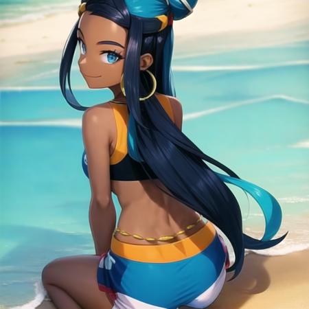 <lora:character_pokemon_nessa_v5:0.7> beach, 1girl, character_pokemon_nessa, solo, sitting, arm support, from behind, from above, looking back, looking at viewer, smile, closed mouth, bikini, hair bun, hair ornament, hoop earrings, belly chain