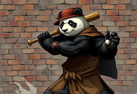Create an image of a panda bear in a heroic Muay Thai stance, holding a baseball bat and wearing World of Warcraft-inspired, themed robes and a hat, with a cracked brick wall background in the style of 1940s anime. The image should be highly detailed, with a focus on showcasing the panda's strength and agility. The art style should be reminiscent of Sifu and Warcraft, with a mix of realistic and stylized elements. The final image should be in 4K or 8K resolution and feature a master painter level of detail.