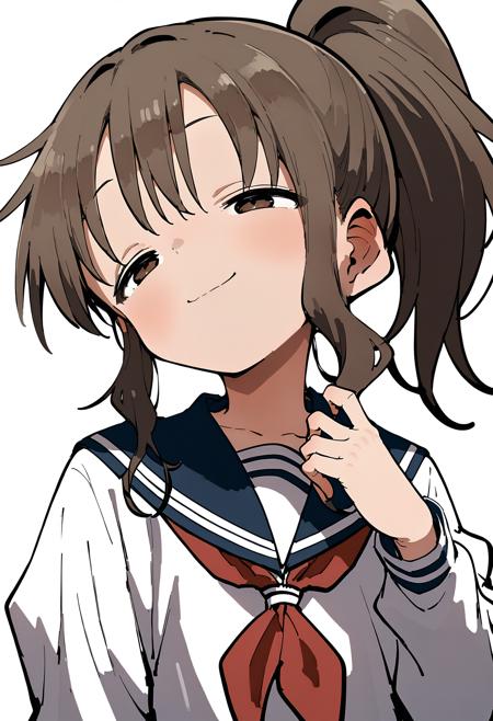 Takagawa Sumire,high ponytail,brown hair,bangs,sidelocks,brown eyes,half-closed eyes,closed mouth school_uniform,blue sailor,red_neckerchief,white_shirt,long_sleeves