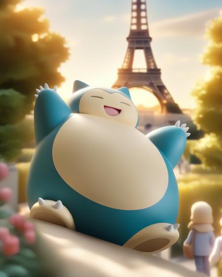 Snorlax, standing, holding baguette.
Eiffel tower.
 <lora:snorlax_v3_1:0.8>