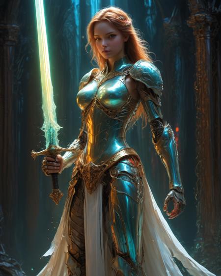 Princess with a glowing sword, (transparency:1.4), (detailed cybernetic implants fused with organic matter:1.2), full body, intensely vibrant swirling colors, ,  <lora:artiangel:1> artiangel,  <lora:xl_more_art-full_v1:0.5>