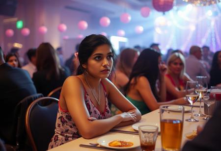 A young woman, Priya, sitting at a table in crowded party, confused and scared facial expression