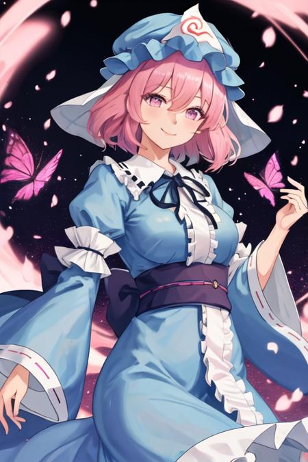 best quality, masterpiece, highres, solo, {saigyouji_yuyuko_touhou:1.15}, pink_hair, triangular_headpiece, hat, short_hair, pink_eyes, mob_cap, blue_headwear, bangs, smile, hair_between_eyes, upper_body, sash, breasts, ribbon