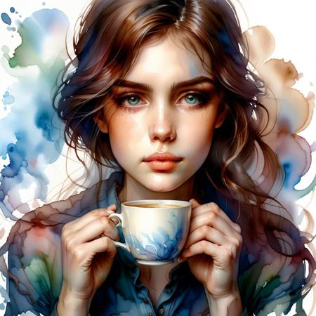 Ultra realistic color pencil  image of
Digital painting of a young woman with loosely tied hair, holding a steaming cup of coffee close to her face. The style is delicate and watercolor-like, with soft, intricate details and a pastel color palette. The woman has a peaceful, contemplative expression, with wisps of steam rising from the cup. The background is light and abstract, complementing the serene and cozy atmosphere of the scene. Dominant color is brown in entire image.
ral-wtrclr,
BREAK
 Deep dark intense maroon-brown blue misty background
Dark theme, dynamic lighting, (soft shadows), (soft focus), (photo realistic), uhd, 8k