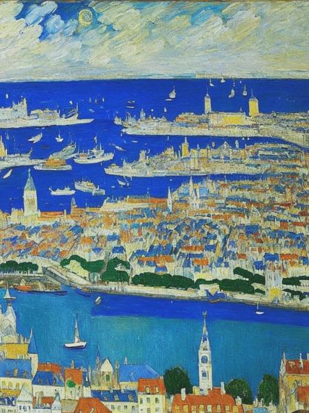 <lyco:MauricePrendergast:1.0> A blue and silver cityscape by Maurice Prendergast