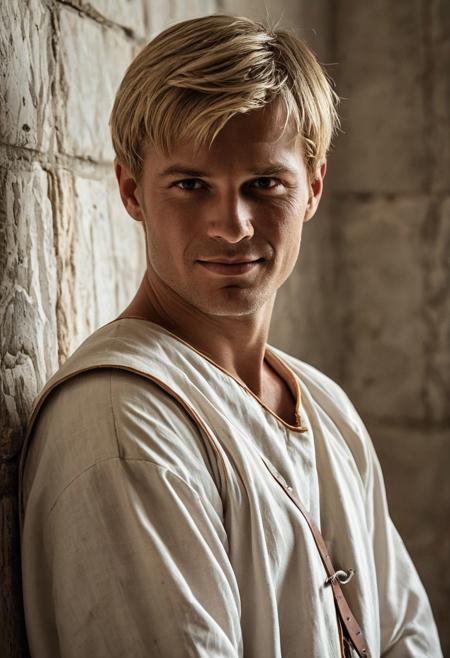masterpiece,best quality, highly detailed,  dramatic, 1boy, solo, cowboy shot, realistic,  semi-realism, mature male, 30yo, short blonde hair, orange eyes, wearing white ancient roman tunic, medieval clothing, smirk, lean face, slim, looking at viewer, film photography, dramatic lighting, depth of field, marble wall background, full upper body