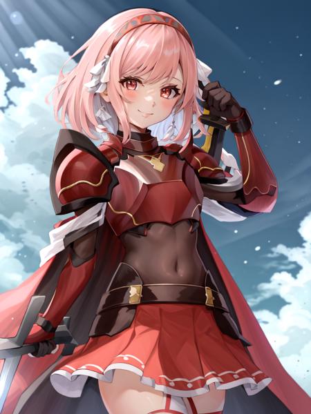 <lora:Lapis_FE-10:1>, lapis fe, 1girl, solo, looking at viewer, blush, smile, bangs, skirt, thighhighs, gloves, holding, weapon, braid, hairband, black gloves, sword, medium hair, cape, holding weapon, armor, covered navel, red skirt, holding sword, shoulder armor, side braid, pauldrons, breastplate