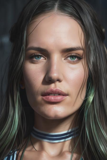 portrait photo of evaBarg1,(blue and green striped shirt),  alluring portrait, intricate, highly detailed, digital painting, artstation, concept art, naughty, sharp focus, cinematic lighting, illustration, art by artgerm and greg rutkowski, alphonse mucha, cgsociety