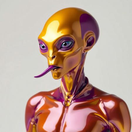 abstract male alien model in latex shiny full body outfit  avant-garde style with reflective gold and purple bold Color Scheme   He has a small nose and slim mouth with a long tongue