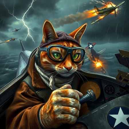 A hyper-detailed cockpit view of an anthropomorphic tabby cat piloting a P-51 Mustang in a fierce WWII aerial battle above a stormy ocean. The cat focuses intensely, gripping the controls, as enemy planes trail smoke and tracers streak past. Lightning flashes illuminate the chaotic sky, casting dramatic shadows across the cockpit.
Cat Pilot: The orange tabby wears a brown leather flight jacket with a shearling collar, white silk scarf knotted at the neck, and a snug leather cap with ear holes, adorned with a faded squadron patch—a claw clutching a lightning bolt. Aviator goggles reflect the glowing dials, their lenses scratched from prior missions. A small oxygen mask fits its muzzle, and a headset with a tiny microphone rests over its ears. Its gloved paws—one on the throttle, one on the stick—show dexterity, with claws slightly extended in tension. Whiskers twitch, and its green eyes narrow with determination.
Cockpit and Plane: The P-51 cockpit has worn metal, a scratched canopy with faint bullet marks, and glowing amber gauges. The stick is paw-friendly, wrapped in worn leather. Wings bear U.S. Army Air Forces insignia: a white star in a blue circle, faded from battle. Outside, smoke trails and bullet casings litter the sky, with a spiraling enemy plane engulfed in flames.
 Lightning highlights the cat’s fur texture and the gleam of its goggles. Rain streaks the canopy, and the plane shakes mid-maneuver. Colors are brown, green, silver, with fiery orange explosions.