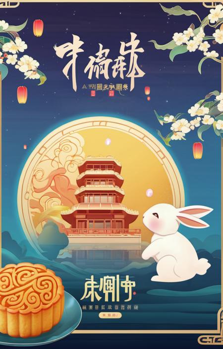 scenery,bunny,east_asian_architecture,full_moon,poster design,night_sky,say,