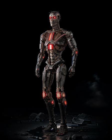 ((A full body  terminator cyborg in future city)). (RAW photo, real life, absurdres, high quality, detailed, realistic:1.3), (solo:1.3), a high resolution photo of a t-800 with intricate details, with red eyes glow and metal shiny skull face and chrome metal body, eyes are red camera lenses. ((metal reflex fire, big flames, fog, smoke and dark background)), cinematic, atmospheric, 4k, realistic lighting, shot by Hassleblad camera, Zeiss lens, 50mm 1.2 lens, Octane Render, ultra realistic, realistic lighting, photorealistic, photorealism, unreal engine, highly detailed, intricate detail, <lyco:terminator:0.6> (((half body))), cracked, broken with lava inside, battle damage, flying aeroships, builds the head or helmet as faithfully as possible to the model,