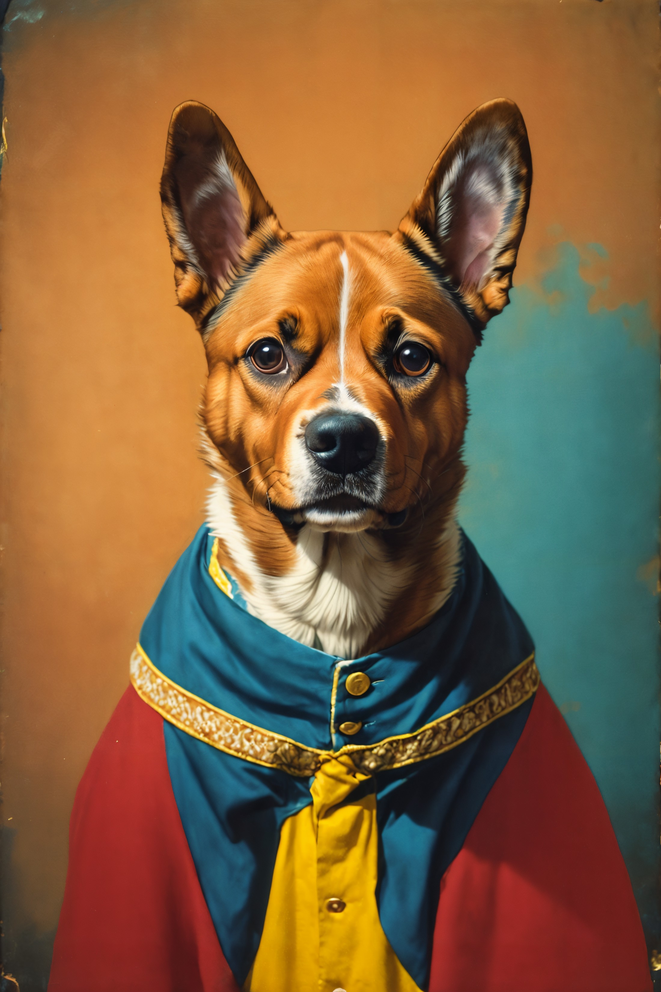 analog film photo cinematic film still of (dog with royal clothes on old portrait painting:1.3),  . shallow depth of field...