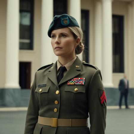 cinematic film still of a woman in a military uniform standing in front of a building Cinematic Film Style
 <lora:Cory Chase:1> Cory Chase
 <lora:Cinematic Film:1>, shallow depth of field, vignette, highly detailed, high budget, bokeh, cinemascope, moody, epic, gorgeous, film grain, grainy