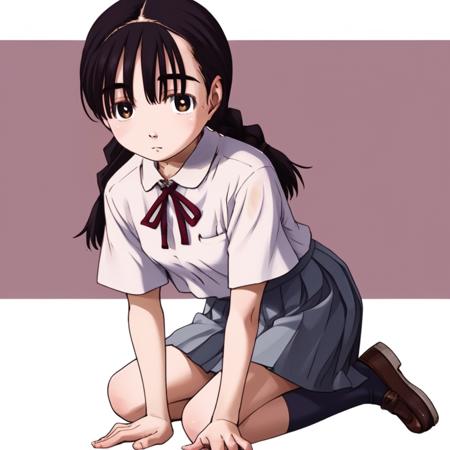 SecretaryTsuda,1girl,black hair,bangs,twin braids,brown eyes, school_uniform,short_sleeves, pleated_skirt, one-piece tan,