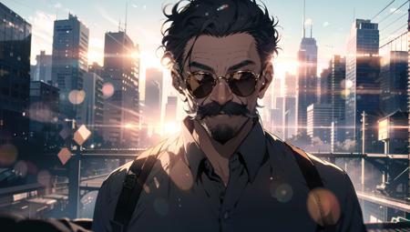 an old man, upper body, sunglasses on, long intricate mustache, huge Laughing, <hypernet:sxzCinematic_800StrongEnough:0.45>, sun glare, bokeh, depth of field, blurry background, light particles, city skyline, wide view