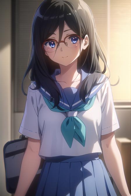 asukatanaka, <lora:asuka tanaka s2-lora-nochekaiser:1>,
asuka tanaka, long hair, black hair, blue eyes, glasses, semi-rimless eyewear, red-framed eyewear, over-rim eyewear, hair between eyes, smile,
BREAK skirt, shirt, school uniform, white shirt, short sleeves, pleated skirt, serafuku, sailor collar, blue skirt, neckerchief, blue sailor collar, school bag, green neckerchief, kitauji high school uniform,
BREAK indoors, classroom,
BREAK looking at viewer, (cowboy shot:1.5),
BREAK <lyco:GoodHands-beta2:1>, (masterpiece:1.2), best quality, high resolution, unity 8k wallpaper, (illustration:0.8), (beautiful detailed eyes:1.6), extremely detailed face, perfect lighting, extremely detailed CG, (perfect hands, perfect anatomy),