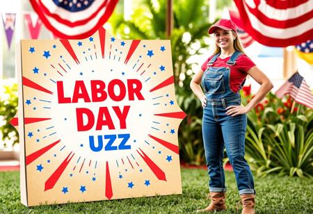Gear up for an all-American Labor Day celebration, where your dedication is honored with exceptional rewards. Imagine a vibrant scene featuring a proud female worker standing tall beside a striking cardboard display titled ‘Labor Day Buzz.’ The display, adorned with the stars and stripes of the American flag, bursts with patriotic colors and intricate designs, capturing the essence of this national holiday. The worker, representing the strength and resilience of the American workforce, is dressed in classic workwear, embodying the spirit of hard work that defines our nation. As you enter this patriotic atmosphere, you’ll uncover exclusive surprises and top-tier rewards crafted just for you. Whether you’re here to relax or indulge, our Labor Day offerings will elevate your celebration to new heights. This is your moment to shine – because Labor Day is about honoring the spirit of American labor and the people who keep our country moving forward