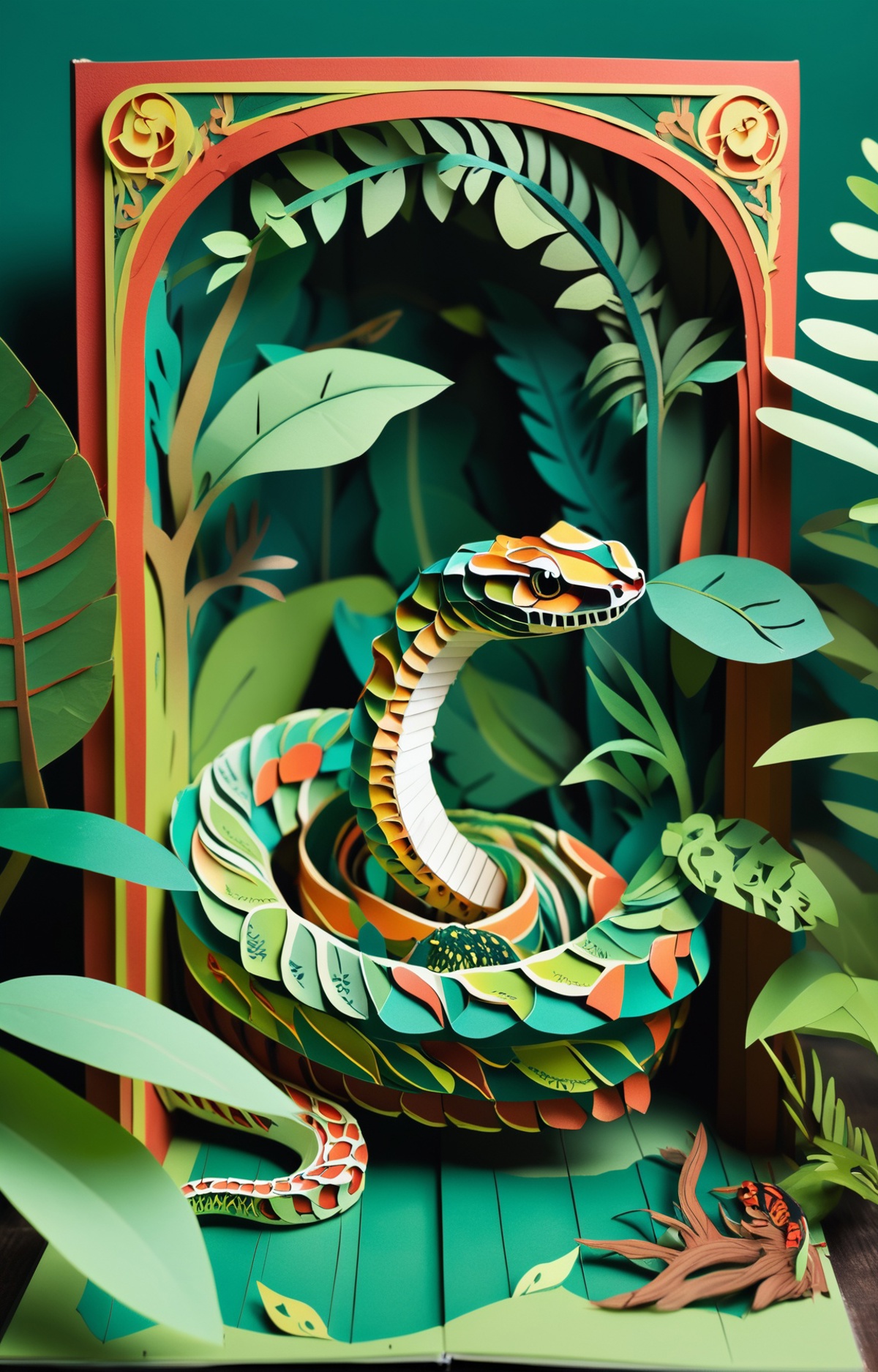 A green and orange snake made of paper and leaves.