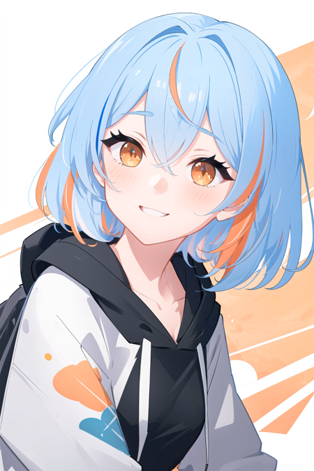 masterpiece, best quality, highres, portrait, 1girl, solo, short hair, looking at viewer, multicolored hair, orange hair, white hair, blue hair, braid, bangs, orange eyes, streaked hair, small breasts, breasts, long sleeves, (black hoodie:1.4), simple background, orange background, blush, smile, floral print on hoodie,