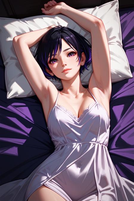 TKReina, 1girl, black hair, purple hair, multicolored hair, short hair