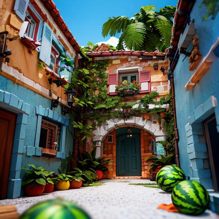 ((masterpiece,best quality)), absurdres,
<lora:Delfino_Plaza:0.9>, Delfino_Plaza, small house, detailed leaves on roof, detailed wooden door, big watermelon, palm tree,