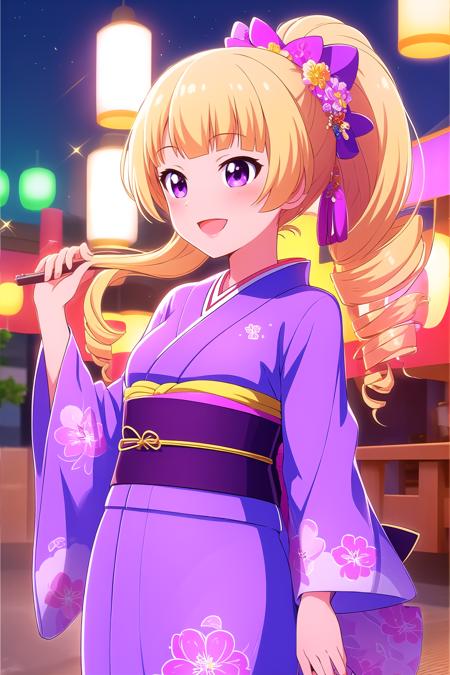 sendouinkaede blonde hair, blunt bangs, half updo, hair bow, purple bow, drill hair, long hair, sidelocks, purple eyes blue jacket, blazer, white sailor collar, yellow bowtie, blue shirt, long sleeves, green skirt, pleated skirt, white thighhighs, school uniform