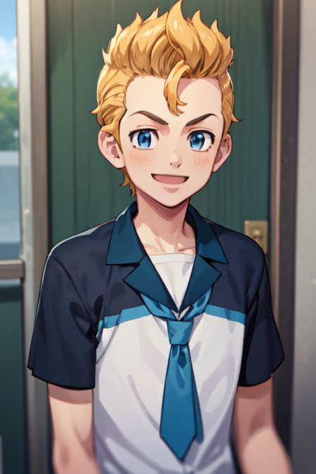 1boy,solo,male focus,takemichi,blonde hair,short hair,blue eyes,shirt,smile,upper body,school,