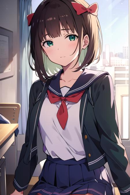 harukaamami, <lora:harukaamamitest:1>,
haruka amami, brown hair, (green eyes:1.5), short hair, (hair bow:1.5), hair ribbon, bangs, blunt bangs, (small breast:1.2),
BREAK bag, bow, school uniform, serafuku, skirt, sweater, long sleeves, red bow, blue skirt, grey sweater,
BREAK looking at viewer,
BREAK indoors, classroom,
BREAK <lora:GoodHands-vanilla:1>, (masterpiece:1.2), best quality, high resolution, unity 8k wallpaper, (illustration:0.8), (beautiful detailed eyes:1.6), extremely detailed face, perfect lighting, extremely detailed CG, (perfect hands, perfect anatomy),