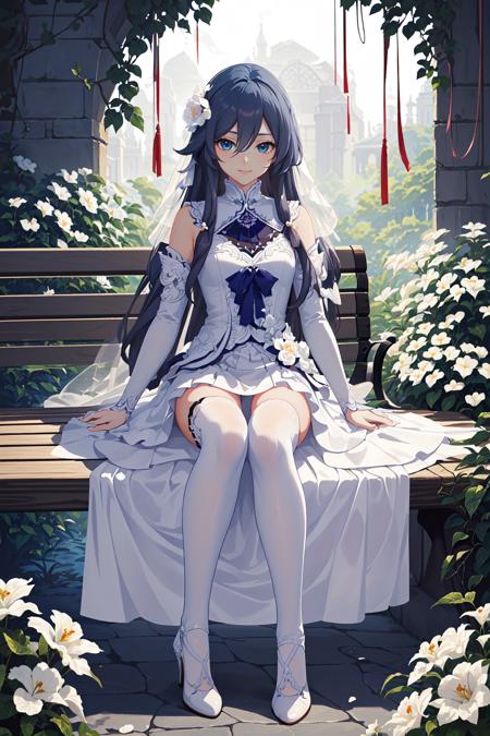 (masterpiece, top quality, best quality, official art, beautiful and aesthetic:1.2),extreme detailed,(fractal art:1.3),1girl, solo, Fu Hua(HoF), white skirt, wedding dress, white thighhighs, white high heels, garden, white flowers, sunlight, bench,hair spread out, smile, adjusting thighhighs, sitting, <lora:FH_HoF_v1.1:0.8>,