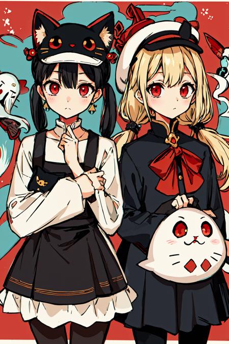 masterpiece, intricate detail,best quality, <lora:AidaIro:0.7>two girl, cat, hat, long hair, red eyes, black hair, black cat, holding, magatama, dress, short sleeves, twintails, blush, blue fire, pantyhose, ofuda, hitodama, bangs, hair ornament, fish, animal hat, blonde hair, cat hat, jacket, short hair, earrings, ghost, skirt, animal, hair between eyes, jewelry, hug, long sleeves, closed mouth