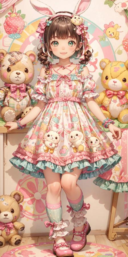 Kawaii Fashion: Colorful Bunnies and Teddy Bears Print Slip Dress V1