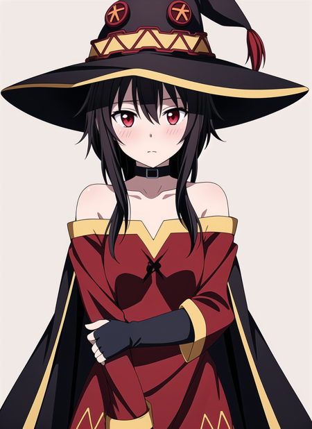 megumin, 1girl, bare shoulders, black cape, black gloves, black hair, blush, cape, choker, collarbone, dress, fingerless gloves, gloves, hair between eyes, hat, long sleeves, looking at viewer, medium hair, off-shoulder dress, off shoulder, red dress, red eyes, sidelocks, simple background, solo,white background, witch hat, ((masterpiece))