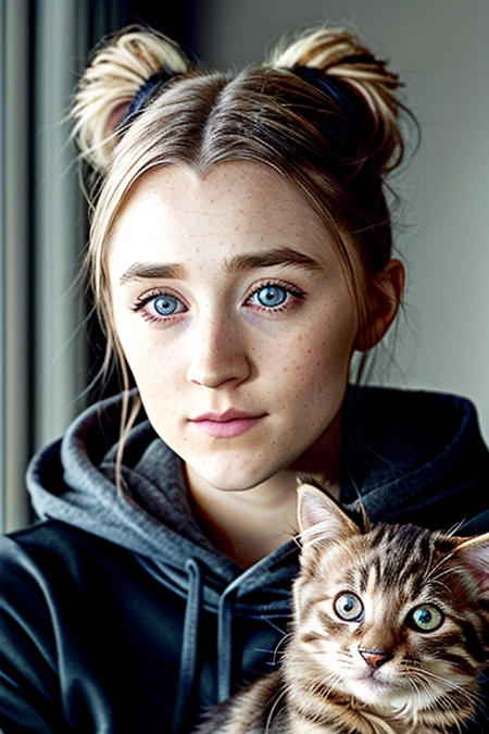 Saoirse Ronan, with puppy And kitten, ash blonde swinger ponytail straight hair, huge pin up black eyelines, black hoodie, high quality, photorealism, soft make up, german shepard puppy, tabby kitten